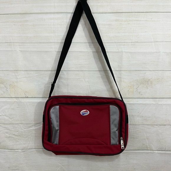 American Tourister Red Gray Canvas Carry On Shoukder Travel Bag - Picture 1 of 13